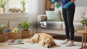 Pet-friendly deep cleaning service in a cozy living room, with a professional cleaner using eco-friendly products while a dog rests safely nearby.