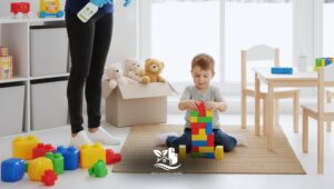 Professional cleaner sanitizing a children’s play area while a toddler plays with toys in a clean, safe, North American style home.