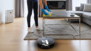 Professional cleaner wiping a coffee table with a microfiber cloth while a smart robotic vacuum cleans the floor in a modern living room.