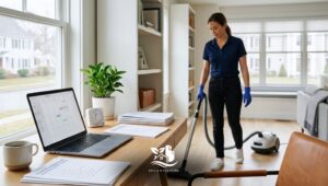 Professional cleaner vacuuming a bright home office near a desk with laptop calendar and paperwork to support a productivity boost with quick cleaning