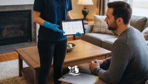 Professional cleaner presenting customized cleaning plans to a homeowner in a clean and comfortable living room