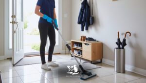 Professional cleaner performing high-traffic area deep cleaning in a home entryway, mopping tiled floors in a clean and organized North American house.