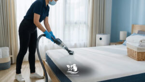 Professional cleaner vacuuming a mattress with a HEPA filter vacuum in a clean, cozy bedroom to remove winter allergens.