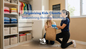 Professional organizer arranging a neatly organized kids closet with labeled bins and folded clothes in a clean, cozy bedroom in a North American home.