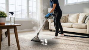 Professional cleaner performing eco-friendly carpet cleaning in a cozy North American bedroom, using safe steam equipment to remove dirt and allergens.
