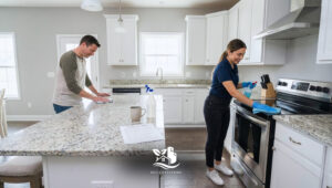 Professional cleaner wiping a kitchen stove with a microfiber cloth while the homeowner cleans the kitchen counter, demonstrating a hybrid cleaning service in a modern North American kitchen.