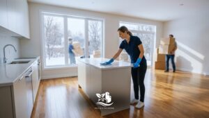 Professional cleaner wiping a kitchen island in a cozy American style home during winter move in move out cleaning, with moving boxes in the background.