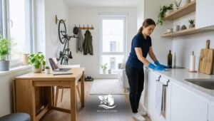 Professional cleaner sanitizing a kitchen sink and countertop in a small, cozy American style home, ideal for minimalist cleaning in small spaces.
