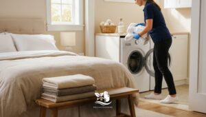 Professional cleaner folding fresh linens beside a neatly made bed while managing winter laundry for bedding hygiene in a cozy American style home.