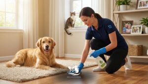 Professional cleaner mopping a hardwood floor with pet friendly cleaning solution while a golden retriever rests on a rug in a bright North American style living room.
