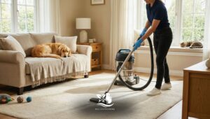 Professional cleaner vacuuming a living room rug with a HEPA filter vacuum to remove pet hair and dander, with a dog on the sofa and a cat resting by the window, Paula’s Cleaning Services.