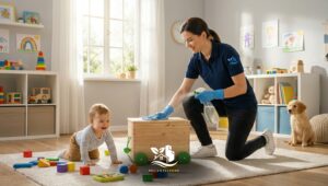 Professional cleaner performing child friendly sanitization in a bright nursery playroom using child safe cleaning products while a baby plays nearby.