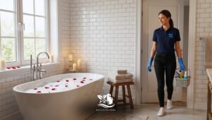 Paula’s Cleaning professional carries cleaning supplies in a bright bathroom with a rose petal bath and candles for a Valentine’s Day home refresh in NH, CT and MA.