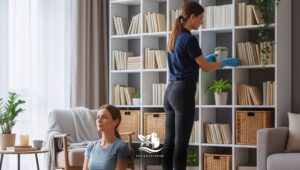 Paula’s Cleaning professional organizes a living room bookshelf while the homeowner practices yoga, showing how an organized home supports mental wellness in NH CT and MA.