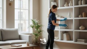 Professional cleaner organizing and dusting minimalist living room shelves in a bright North American style home in New England.