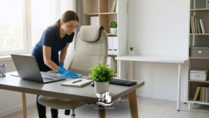 Professional cleaner wiping a desk in a bright home office, creating a clean work from home space that boosts focus and productivity in NH, CT and MA.
