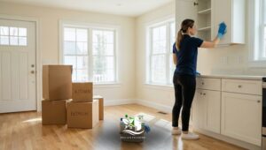 Professional cleaner wiping kitchen cabinets in an empty home with moving boxes, showing stress free move in move out cleaning for a fresh start.