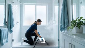 Bathroom deep cleaning in a bright North American style bathroom as a professional cleaner kneels to remove mold and moisture buildup from tile and grout.