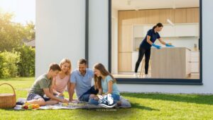 Professional cleaner performing recurring kitchen cleaning while a family enjoys outdoor time, illustrating recurring cleaning services that reclaim weekends.