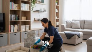 Professional cleaner organizing toys and storage bins in a bright North American living room, living room organization for a clean and calm home.