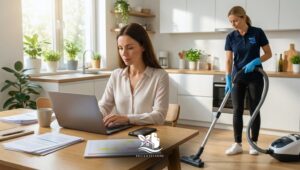 Business owner working on a laptop at the kitchen table while a cleaning professional vacuums, illustrating delegating household chores for a clean, organized home.