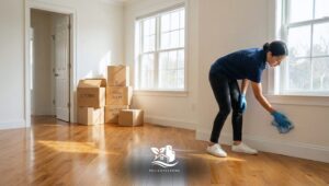 Professional cleaner wiping baseboards in a sunlit empty room with moving boxes, preparing a home for selling or moving in NH, CT and MA.