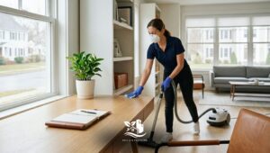 Post renovation cleaning in a bright home office and living room as a professional cleaner wipes a desk and vacuums floors for a dust free finish.
