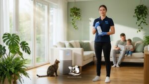 Improve your indoor air quality sanitization in a living room as a cleaning professional disinfects surfaces near an air purifier, with a family and cat nearby.
