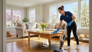 Professional cleaner vacuuming hardwood floors during spring cleaning to remove allergens in a bright American style living room.