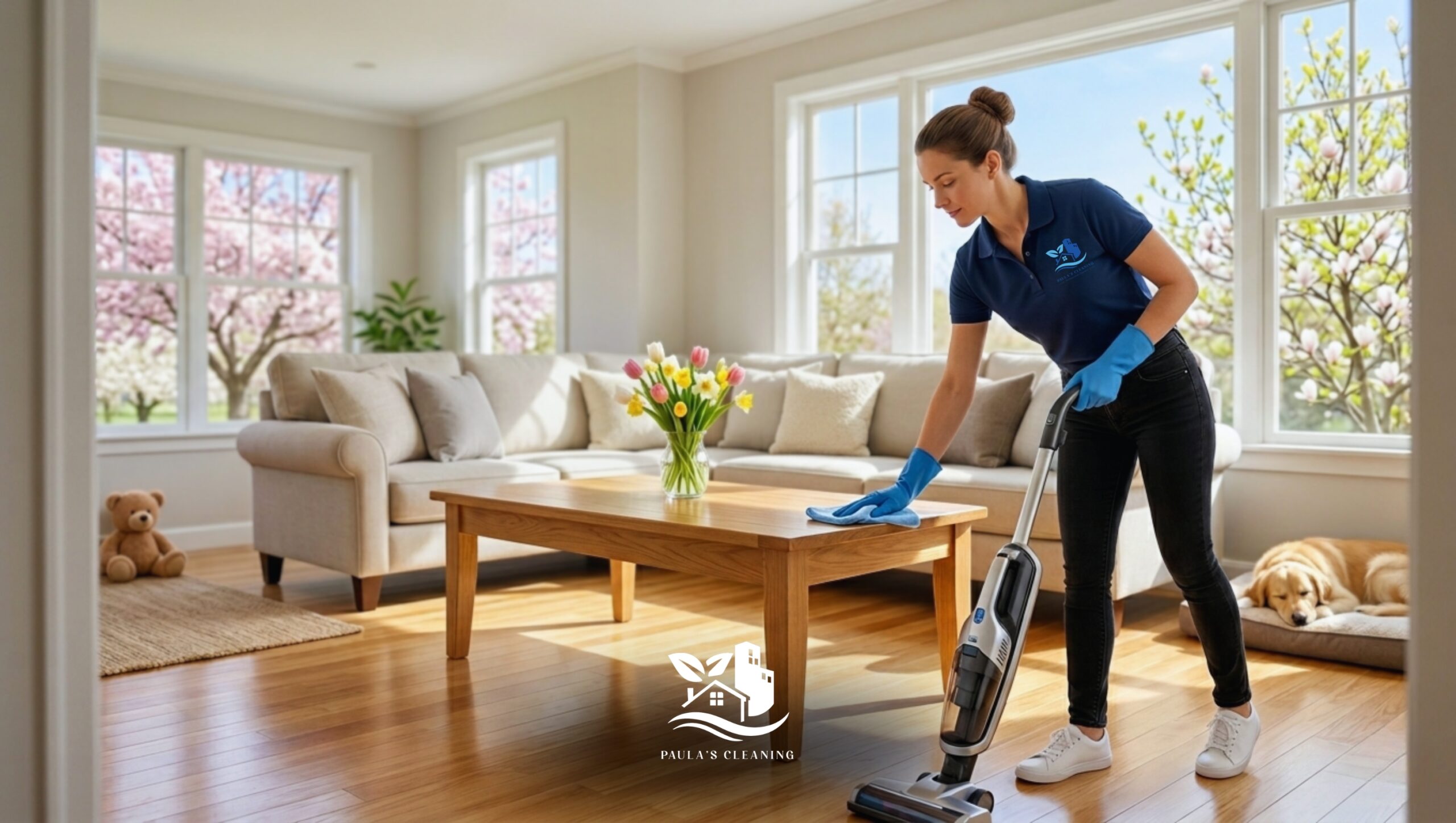 Professional cleaner vacuuming hardwood floors during spring cleaning to remove allergens in a bright American style living room.