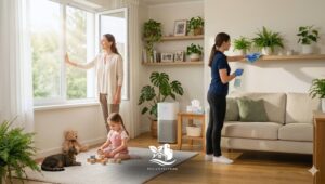 Pet friendly allergy cleaning professional dusting living room shelves with microfiber cloth, removing dust and allergens in a bright North American home with plants, sofa and air purifier.