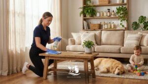 Pet safe home cleaning in a bright living room as a professional wipes a coffee table with pet friendly products while a dog rests nearby and a child plays.