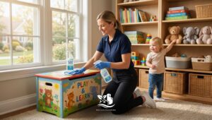 Professional cleaner disinfecting a children’s play area with child safe, non toxic products in a bright American home playroom, keeping toys and surfaces germ free.