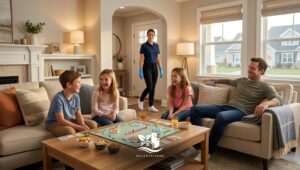 Family enjoying board games in a clean living room while a Paula’s Cleaning Services professional prepares for weekend deep cleaning, creating free time for family fun in NH CT and MA.