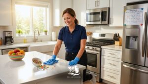 Professional cleaner wiping a kitchen island in a bright American style kitchen, showcasing kitchen cleaning services that support busy mornings.