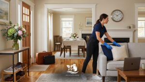 Professional cleaner arranging sofa pillows during a quick house cleaning service in a bright North American living room.