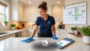 Professional cleaner wipes a kitchen island while an April calendar highlights scheduled subscription cleaning plans for busy families in NH CT and MA.