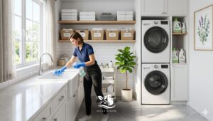 Professional cleaner sanitizing a bright, organized laundry room with labeled storage bins and stacked washer dryer for a fresh, hygienic space.
