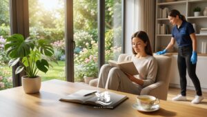 Professional deep cleaning service in a bright living room while a homeowner relaxes reading, highlighting mental health benefits and a calm, organized home.