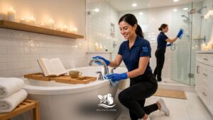 Two professional cleaners deep cleaning a bright bathroom, polishing the bathtub faucet and wiping the glass shower for better bathroom hygiene and cleaning.