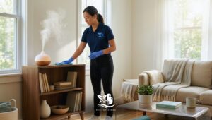 Professional cleaner dusting a wooden bookcase in a bright living room with an aromatherapy diffuser, supporting mindful cleaning and self care.