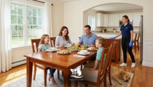Smiling family enjoying a meal in a spotless dining room while a Paula’s Cleaning Services professional stands nearby and a dog rests on the floor.