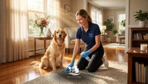 Professional cleaner deep cleaning a living room rug with pet odor removal spray while a dog sits nearby in a bright, cozy home.