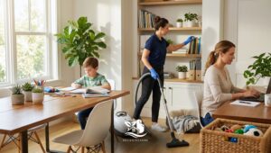 Professional cleaner vacuuming a tidy home workspace while a parent works from a home office and a child studies at a table in a bright American style living area, representing home and homeschool cleaning.