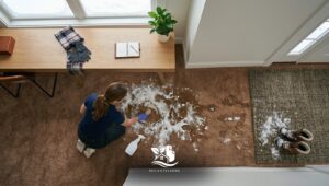 Professional cleaner removing snow and salt from an entryway carpet during winter to protect fibers and keep a North American home clean and safe.