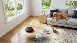 Robot vacuum uses smart cleaning technology to clean hardwood floors while a dog relaxes on the sofa in a bright North American living room.